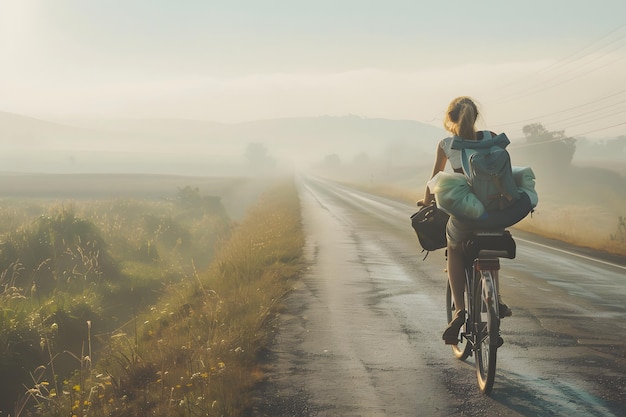 霧の朝の道路でバックパックとバッグを背負って自転車に乗っている若い女性