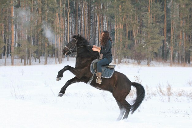 Young woman riding on black horse in snowy countryside, telephoto shot