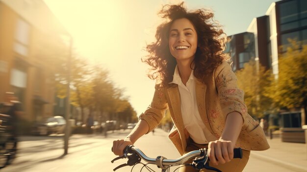 Foto giovane donna in bicicletta per andare al lavoro in una mattina soleggiata che incarna un'idea ecologica e salutare