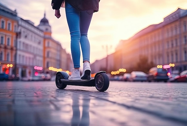 Young woman riding a hoverboard on the city square