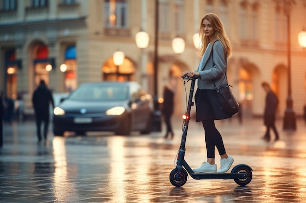 Young woman riding a kick scooter in the city