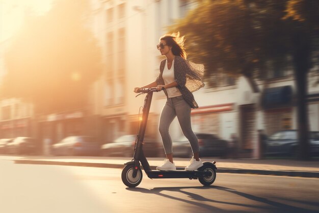 Young woman riding a kick scooter in the city