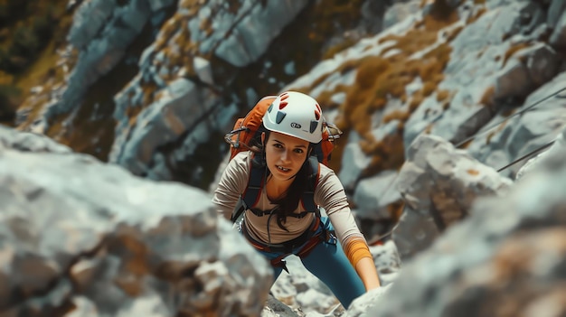 Photo a young woman rock climber wearing a helmet and safety gear scales a steep rock face