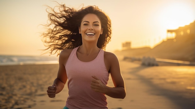Молодая женщина бежит по пляжу на фоне заходящего солнца
