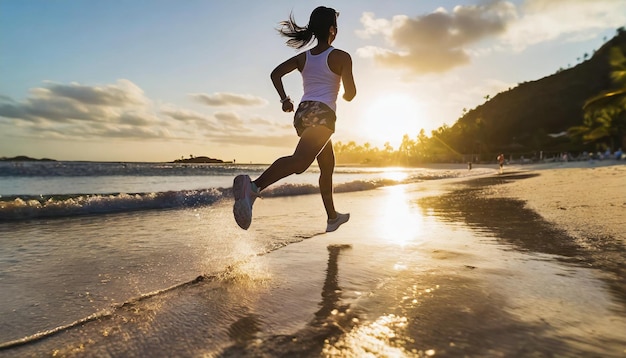 Молодая женщина бежит по пляжу на закате Фитнес и здоровый образ жизни концепция