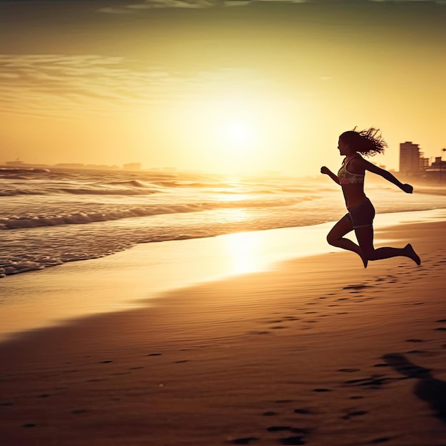 일몰 스포츠와 건강한 라이프스타일 컨셉으로 해변에서 달리는 젊은 여성
