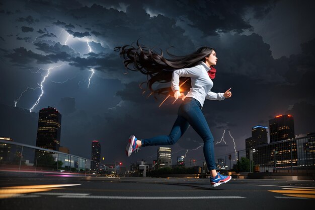 Молодая женщина быстро бежит по городу ночью с молнией на заднем плане