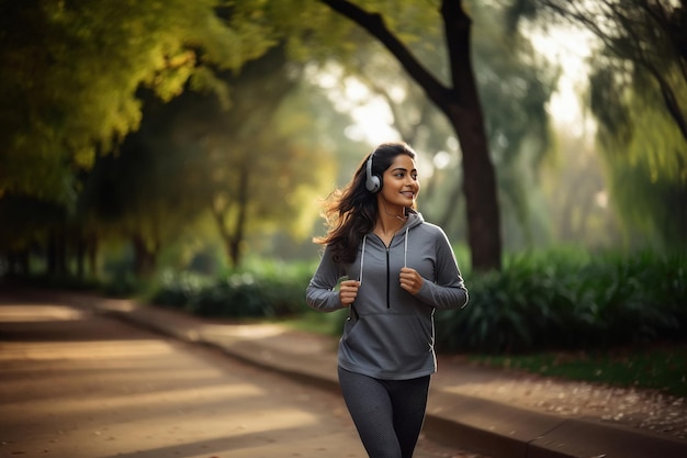 Young woman running and listening music at public park