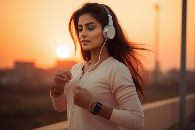 Young woman running and listening music on rising sun background