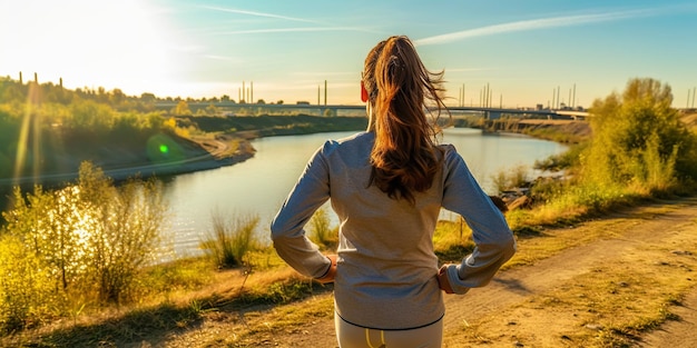 Young woman running on pier near river in morning Generative AI