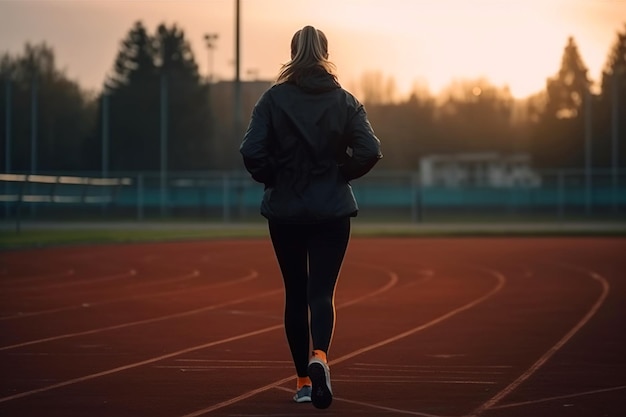 A young woman running on the track at the stadium Generative AI illustration The concept of an active lifestyle