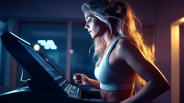 young woman running in the treadmill at night