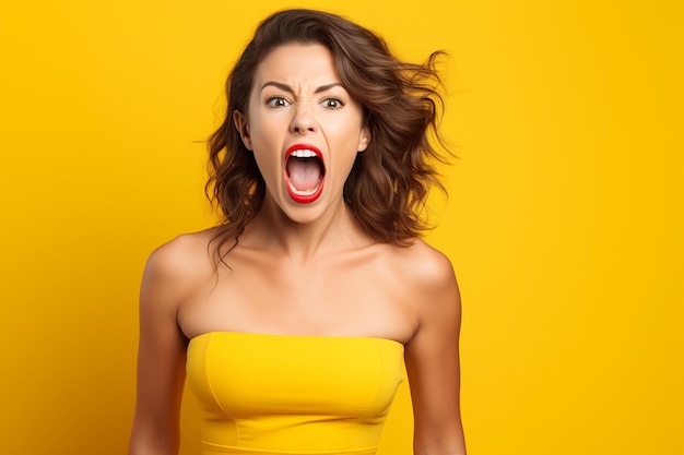 Photo young woman's call vivid expression of search and shout on yellow