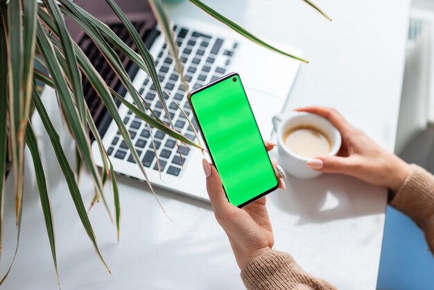 若い女性の手が彼女の電話をチェックし、コーヒーを飲みます。携帯電話のクロマキー、緑色の画面に焦点を当てます。