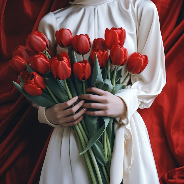 young woman's hands holding a red tulips