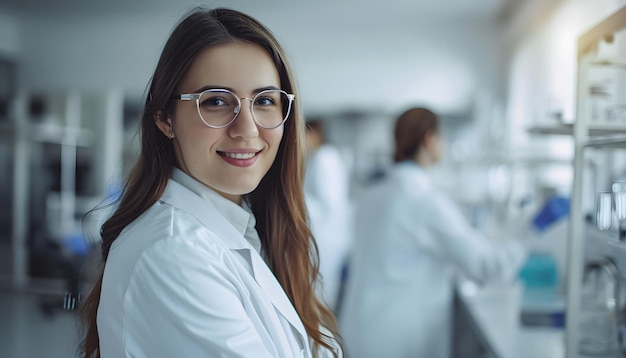 young woman scientist wearing white coat and glasses in modern Medical Science Laboratory with Team