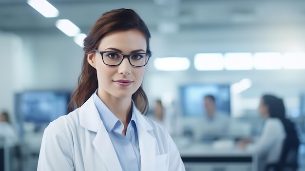 A young woman scientist wearing white coat and optical glasses Generative AI