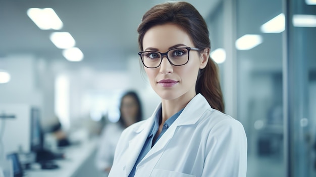 A young woman scientist wearing white coat and optical glasses Generative AI