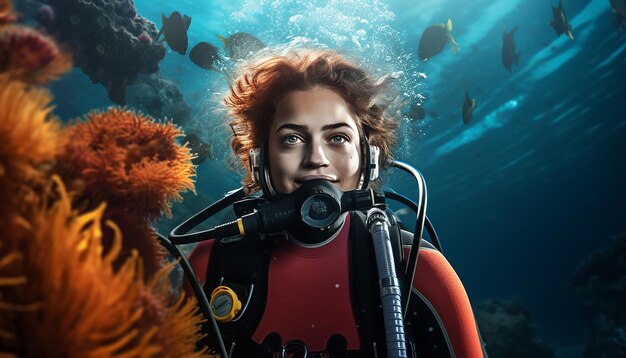 Premium AI Image | Young woman scuba diving on the reef in a scuba ...