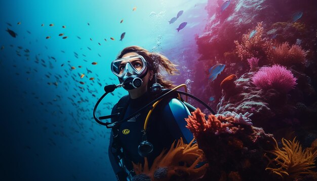 Premium AI Image | Young woman scuba diving on the reef in a scuba ...