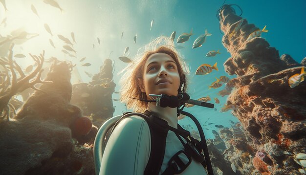 Foto giovane donna che fa immersioni sulla barriera corallina in un'attrezzatura per immersioni subacquee