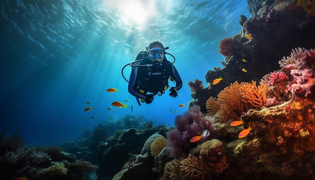 Young woman scuba diving on the reef in a scuba diving outfit