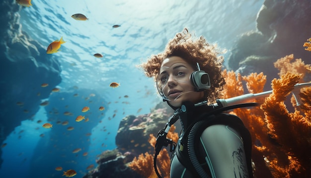 Foto giovane donna che fa immersioni sulla barriera corallina in un'attrezzatura per immersioni subacquee