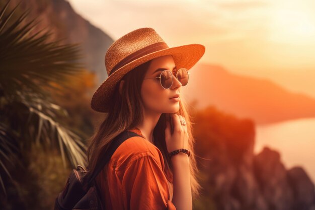 Young woman on a sea vacation portrait of a young woman in hat at a seaside resort generative ai