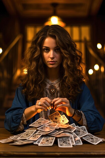 Photo young woman seer fortune teller clairvoyant predicts the future with a cards on table