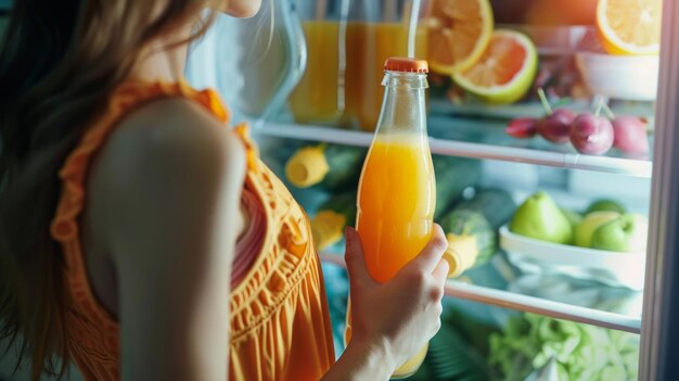 Young woman selecting juice from fridge