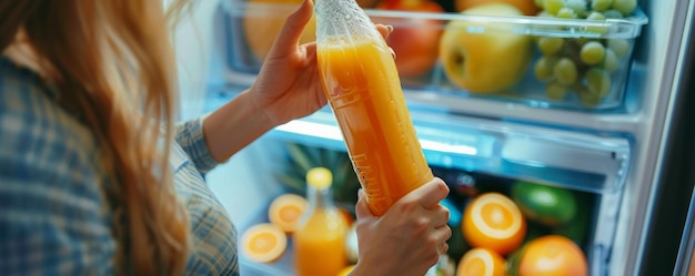 Young woman selecting juice from fridge