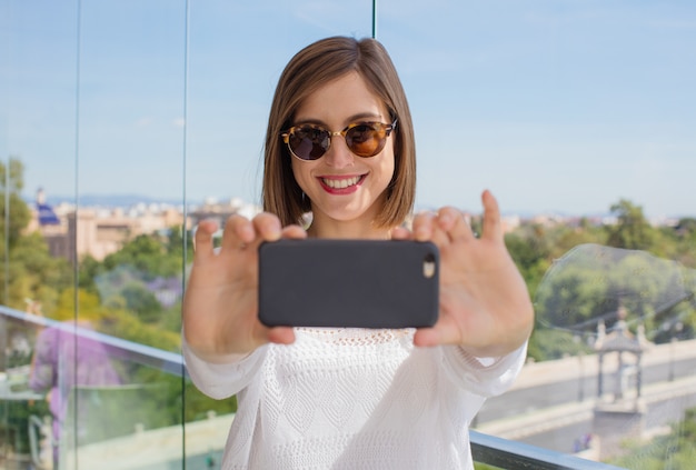 young woman selfie at breakfast