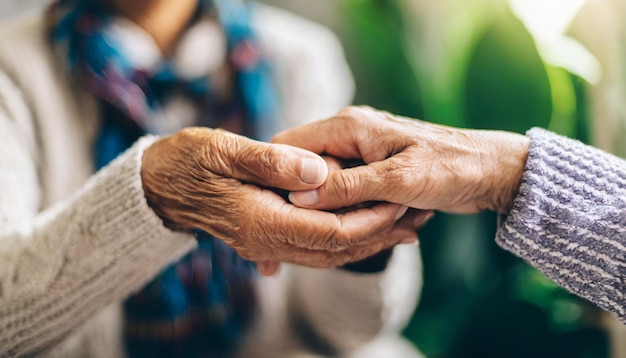 young woman and a senior lady as they share a tender handholding moment symbolizing intergenerati