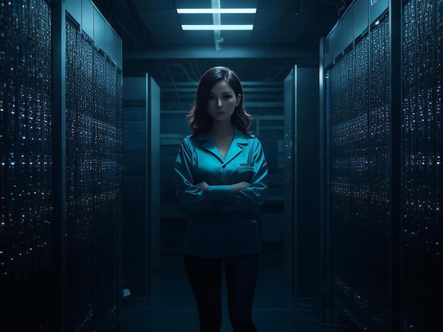 Young woman in server room dark background ai generated