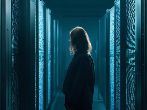 Young woman in server room dark background ai generated