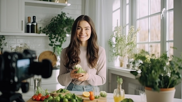 Photo a young woman sets up a camera to record a video of herself talking about healthy eating