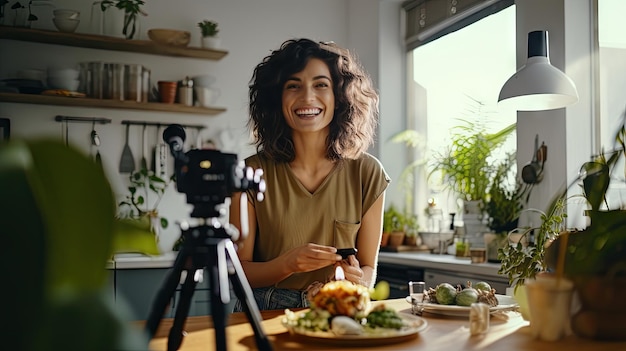 若い女性がカメラを設置し、健康的な食事について話す自分の動画を録画する