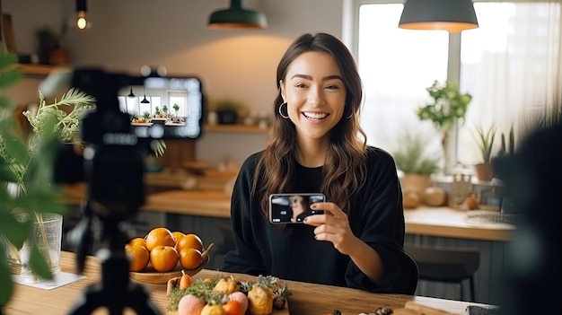 Photo a young woman sets up a camera to record a video of herself talking about healthy eating