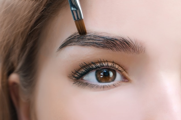 Young woman shaping eyebrows with brush, close up