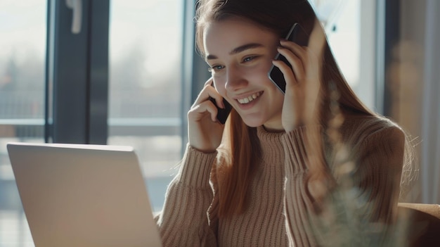 Foto una giovane donna condivide buone notizie di affari al telefono in ufficio