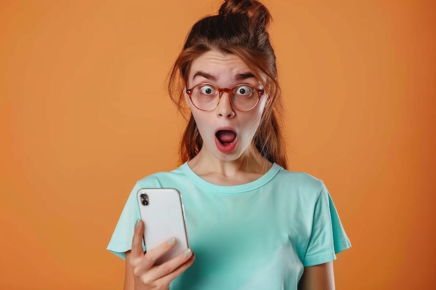 Photo young woman shocked by phone