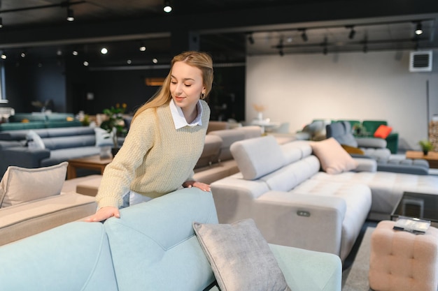 Photo young woman shopping for furniture sofa and home decor in store