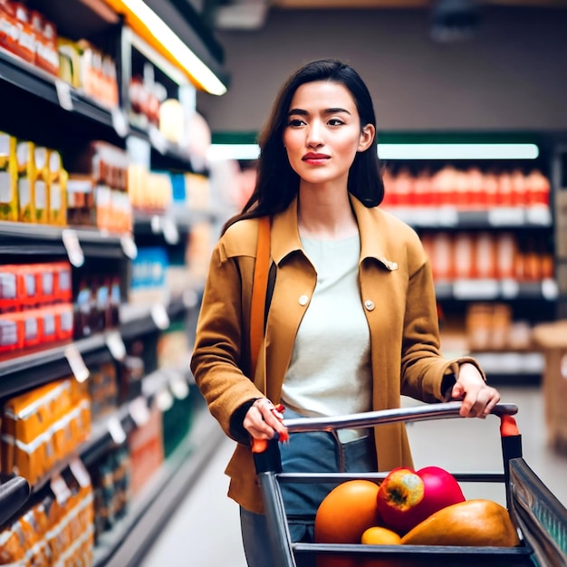 A young woman shopping at a supermarket AI_Generated