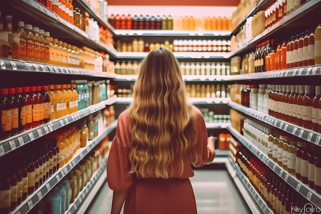 Young woman shopping in a supermarket Generative ai design concept