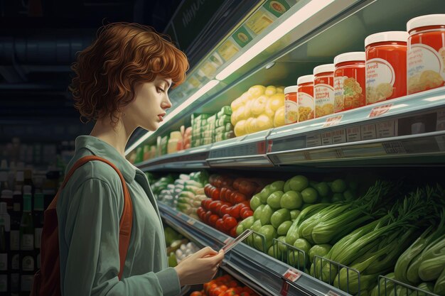 Young woman shopping in a supermarket She is standing in front of the shelf and choosing food A woman in a supermarket selects juice from the shelf AI Generated