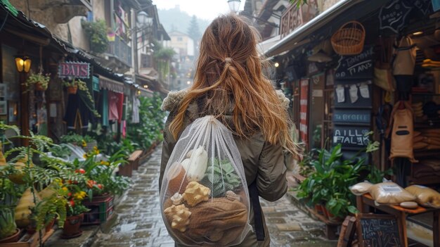 Foto giovane donna che compra con una borsa di maglia eco-friendly nel vecchio mercato