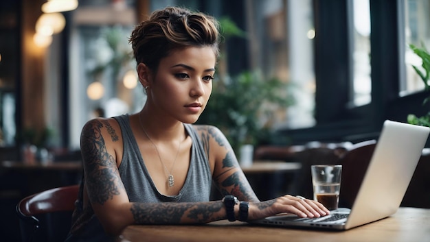 Young woman short hair working on laptop in cafe Smiling and look at camera Girl with tattoo designer freelancer or student work on computer laptop at table