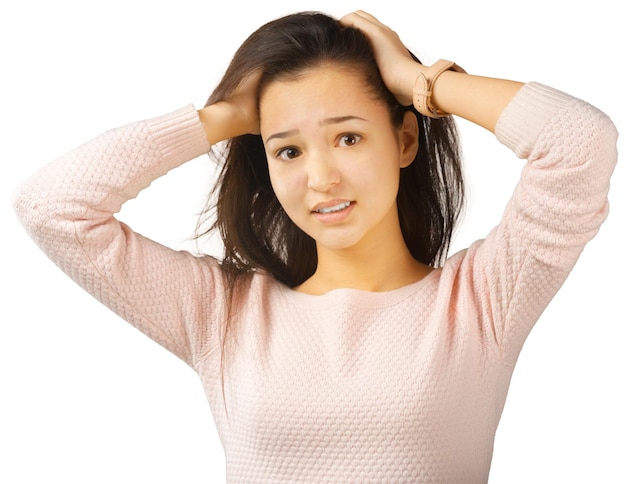 Young woman showing several expressions isolated on white background