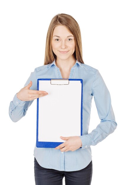 Young woman showing with the blank page of clipboard isolated on white background