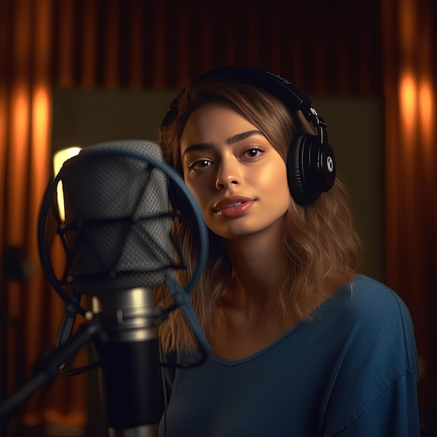 Young woman singer in a recording studio with a happy group